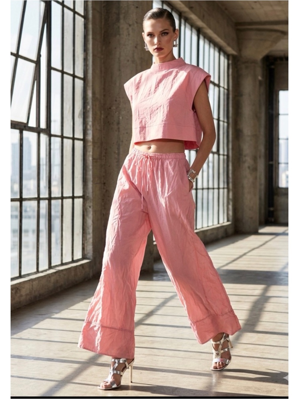 Reserved Pink Cupro Silky Boho Billowy Wide-Leg Stitched Hem Resortwear Pants S